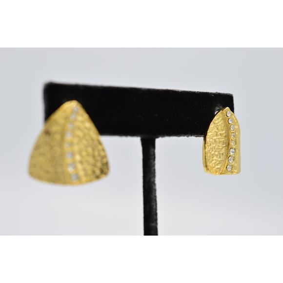 Vintage Pierced Earrings Brushed Gold Textured Rhinestone Shiny NOS 1980s BinAA - Picture 5 of 11